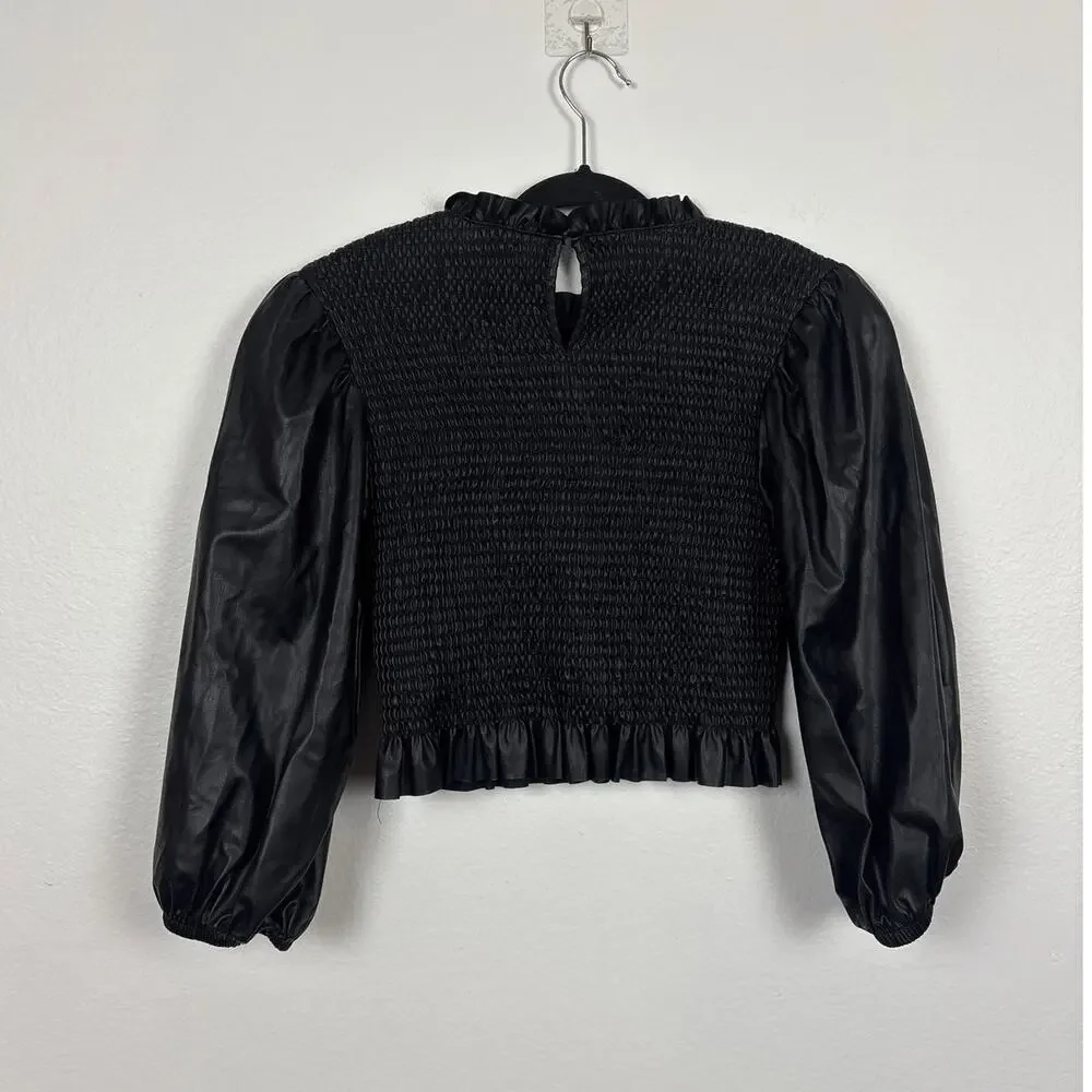 Zara Smocked Balloon Sleeve Ruffle Neck Faux Leather Cropped Blouse Large